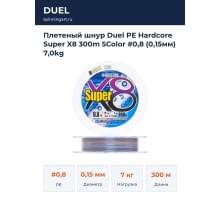 Плетеный шнур Duel PE Hardcore Super X8 300m 5Color #0,8 (0,15мм) 7,0kg