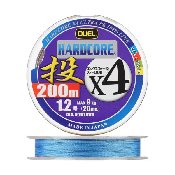 Плетеный шнур Duel PE Hardcore X4 Cast 200m 4Color #1,2 (0,191мм) 9,0kg