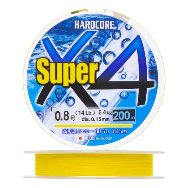 Плетеный шнур Duel Hardcore Super X4 200m Hi-Vis Yellow #0,8 (0,15мм)